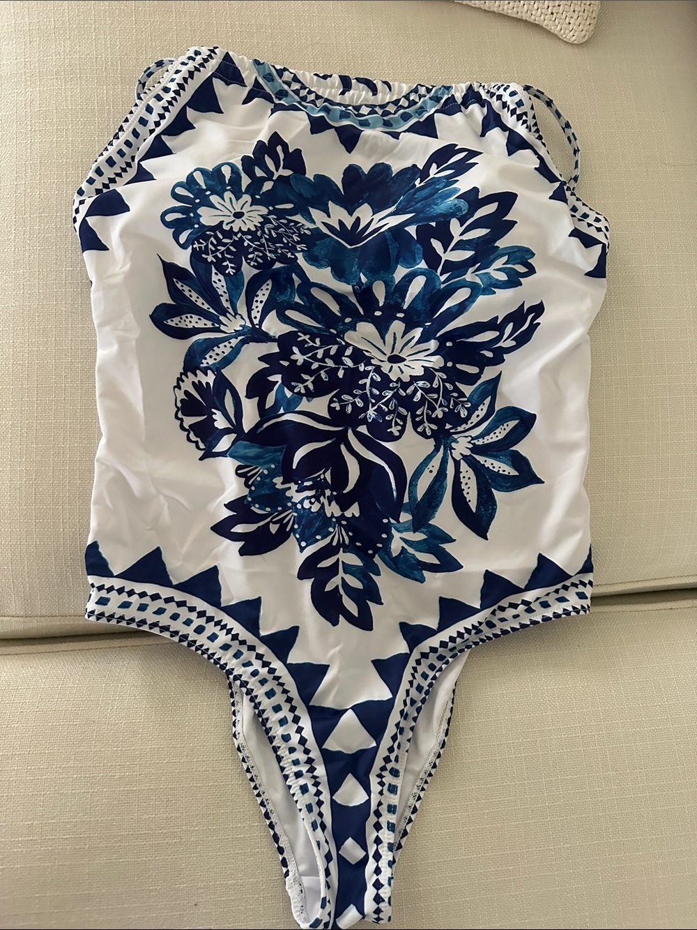 SHEIN White One-Piece Swimsuit with Blue Floral Print